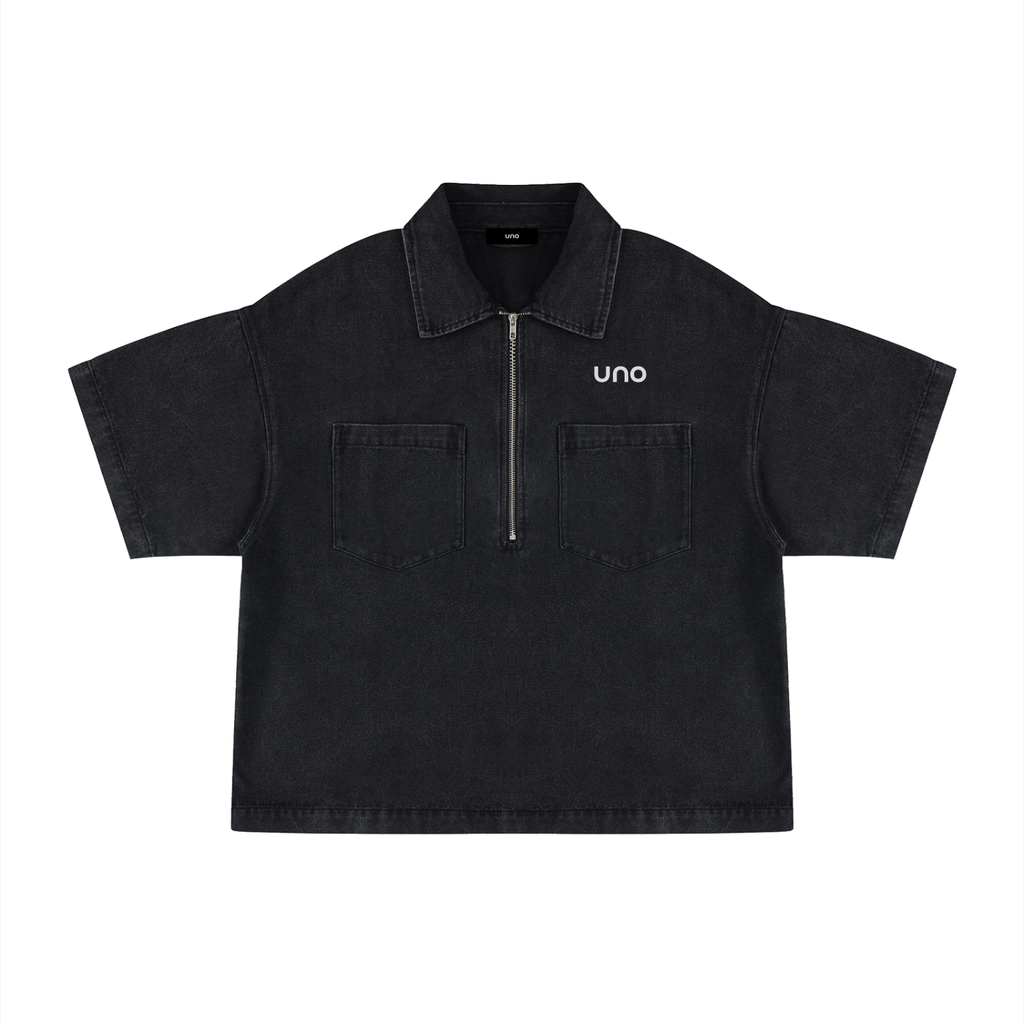 UNO Vintage Wash Boxy Quarter-Zip Denim Shirt