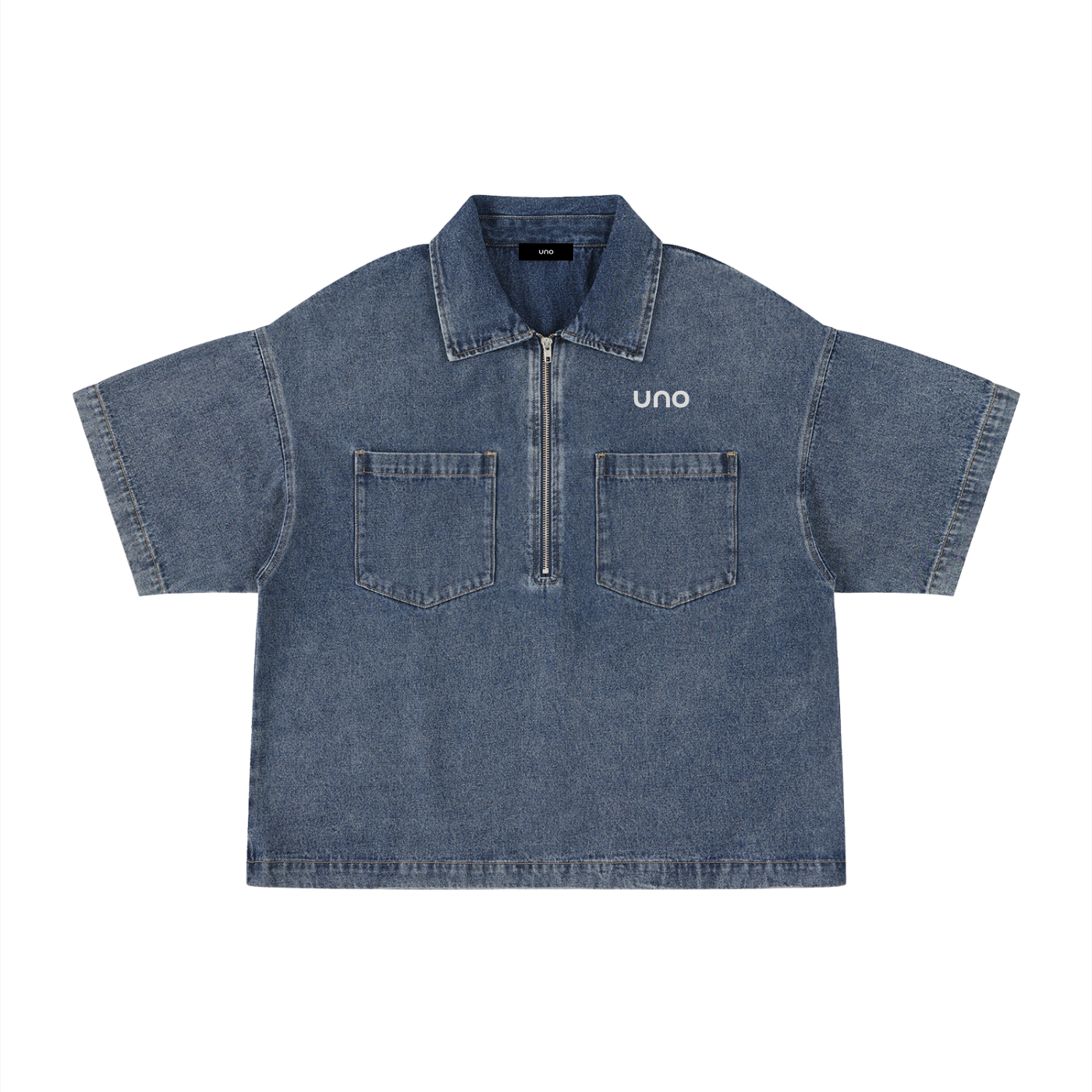 UNO Vintage Wash Boxy Quarter-Zip Denim Shirt